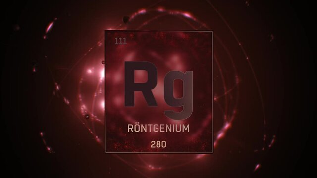 Roentgenium as Element 111 of the Periodic Table. Seamlessly looping 3D animation on red illuminated atom design background orbiting electrons name, atomic weight element number in German language