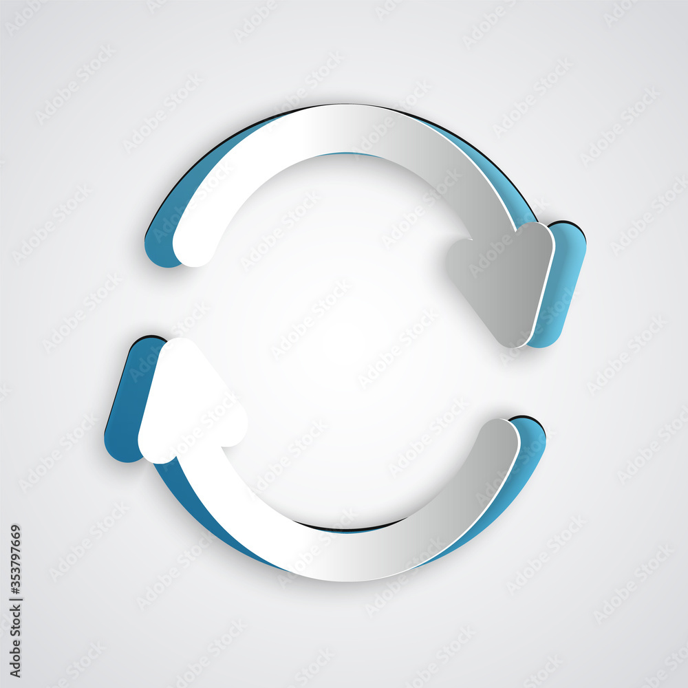 Poster paper cut refresh icon isolated on grey background. reload symbol. rotation arrows in a circle sign.