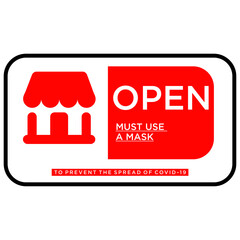 store open warning signs, wear masks and jafa distance for shopping, vector - obrazy, fototapety, plakaty