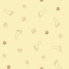 Human footprints and paw prints pets animals on a pale yellow background seamless pattern texture wallpaper.