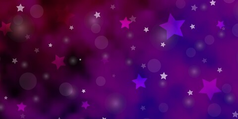 Light Purple vector texture with circles, stars. Glitter abstract illustration with colorful drops, stars. Design for textile, fabric, wallpapers.