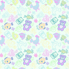 children's seamless pattern, faces of different animals on a blue background