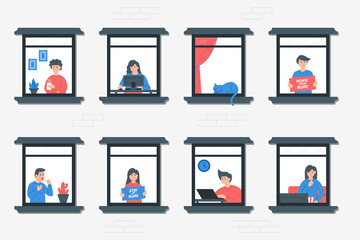 Stay home concept. Isolation of people during the COVID-19 pandemic. House facade with windows. People look out of apartment. Self isolation, quarantine due to coronavirus.