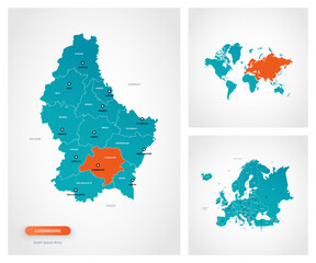 Editable template of map of Luxembourg with marks. Luxembourg on world map and on Europe map.