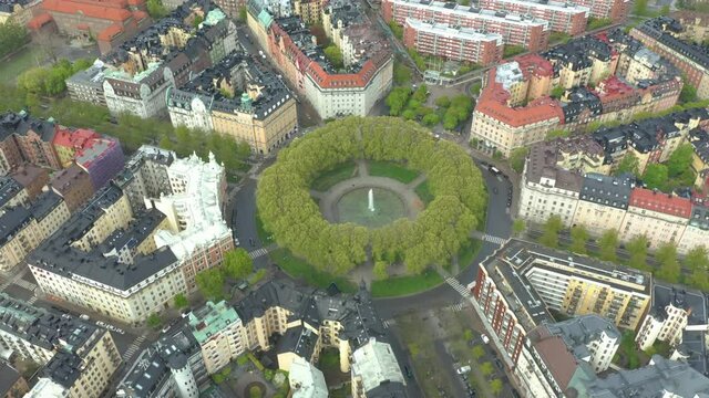 Open park plaza square with fountain in Stockholm, Sweden. Aerial view.
