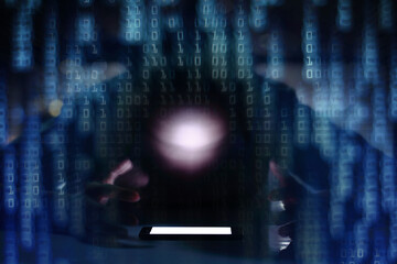 man with blur face focusing on a smartphone mobile device double exposure with blue light computer matrix binary code in a dark room. hacker, data over consumption and social media addiction concept.