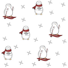 Vector seamless pattern with cute, funny penguins. Hand drawn, isolated cartoon animals
