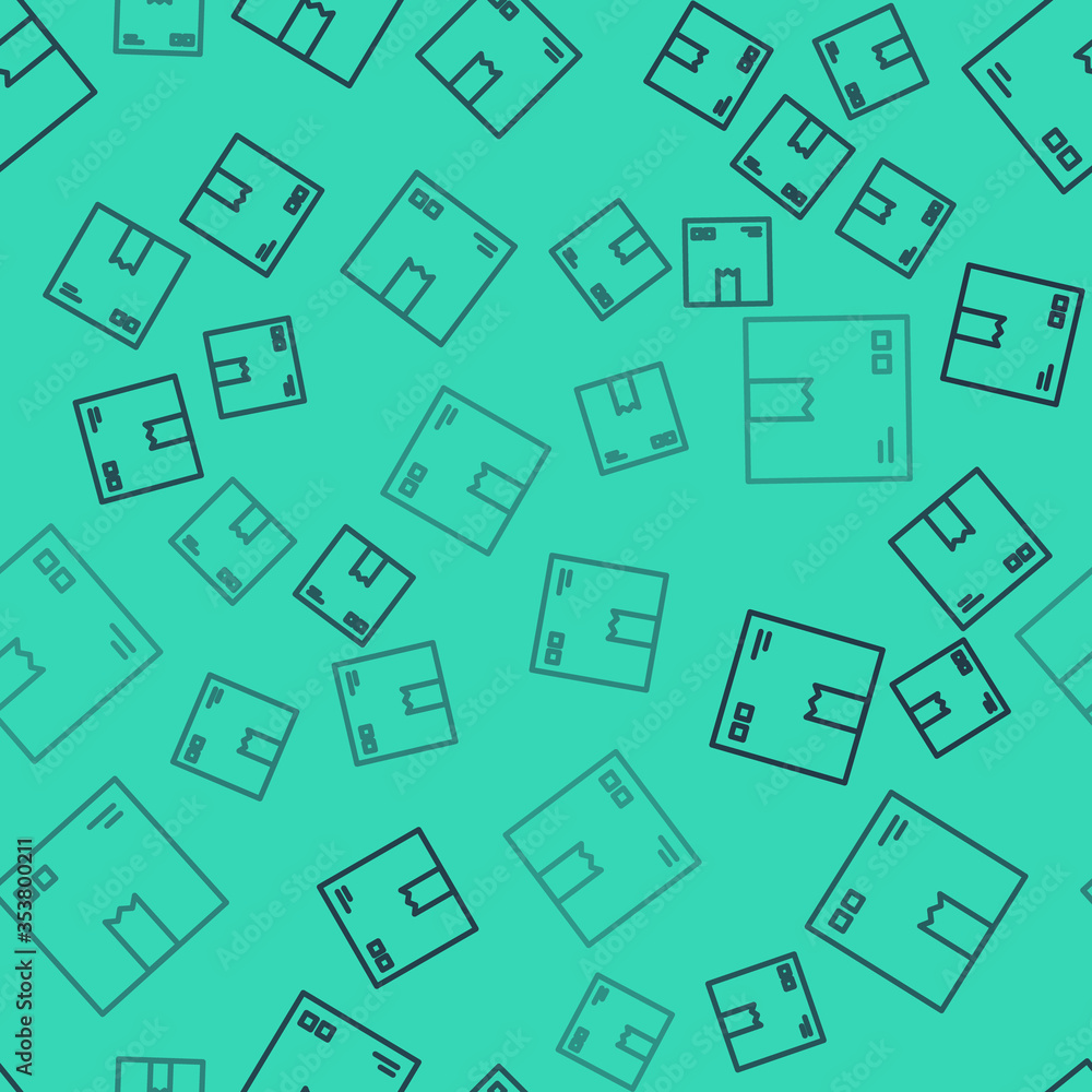 Poster black line cardboard box with traffic symbol icon isolated seamless pattern on green background. box