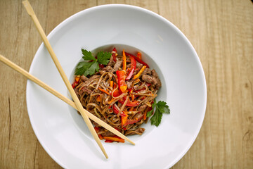 Stir fry noodles soba with beef