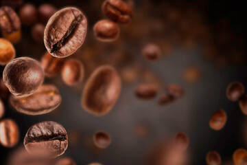 coffee beans falling in front of blurred background