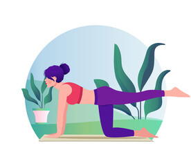 Fototapeta na wymiar Woman doing yoga vector flat illustration on nature background