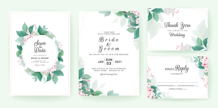 Greenery wedding invitation template set with leaves frame and border with small flowers. Floral decoration vector for save the date, greeting, thank you, rsvp, etc