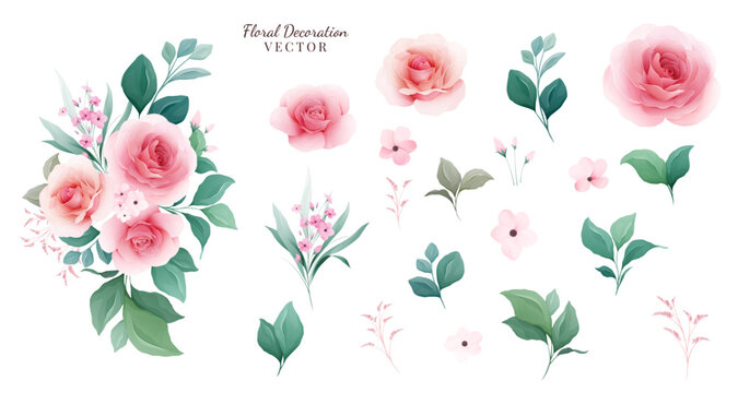 Floral vector set. Botanic arrangements & individual elements of peach rose flowers, leaf, branch. Illustration for wedding, greeting card, or logo composition vector