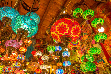 Colorful ceiling chandelier in Arab and Moroccan style. Lanterns lamp hanging down from the ceiling.