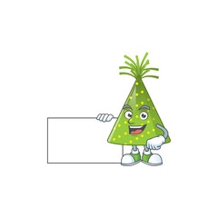 Green party hat cartoon drawing Thumbs up holding a white board