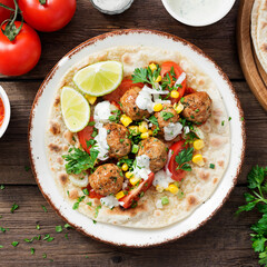 Tortilla with grilled meatball, corn and fresh salad. top view