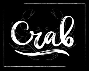 Crab logo with illustration of sea red animal. Hand lettering on black. Sketch style
