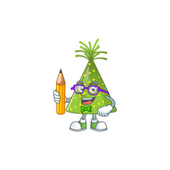 Green party hat student Mascot design concept studying at home