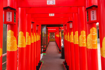 Red Tori gate at Sairaiin (Daruma Temple) in Naha, Okinawa, Japan 