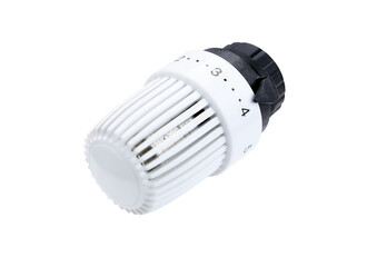 Thermostatic radiator valve closeup isolated on a white background. Stacking.