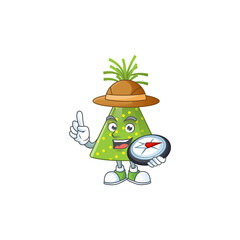 Experience explorer of green party hat cartoon character style using compass