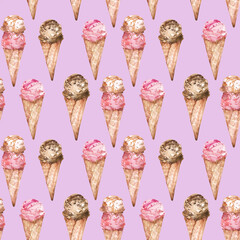 Watercolor seamless pattern ice cream cones. The taste of chocolate, strawberries and caramel, syrup and sprinkle. The design of the children's room, scrapbooking and wrapping paper.