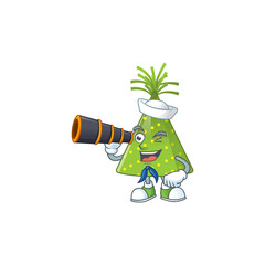 Fototapeta na wymiar cartoon picture of green party hat in Sailor character using a binocular