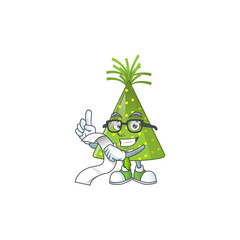cartoon mascot design of green party hat holding a menu list