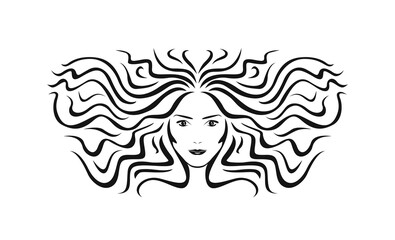 Female face with wavy hair. Vector black and white illustration. Silhouette of girl with flying hair outline. Cartoon flat style.