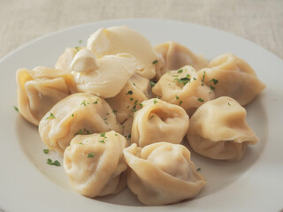 Portion of traditional Russian dumplings on a white plated and serving of sour cream. Slavic food...
