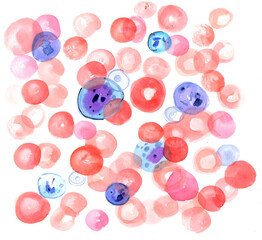 Red blood cells and white blood cells, blood. Watercolor illustration.