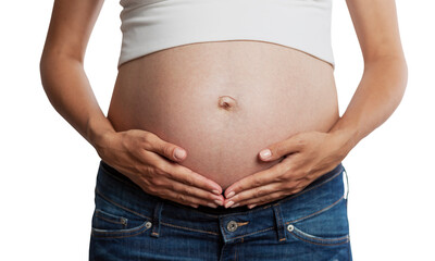 A pregnant woman with a big belly in the late term touches his hands. Close-up. Front view. Isolated on a white background. Motherhood, tenderness and care.