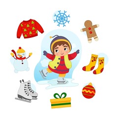 Vector Set signs of Winter. Collection seasons. Illustration of cute girl skates.