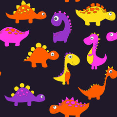 Childish dinosaur seamless pattern for fashion clothes, fabric, t shirts. hand drawn vector