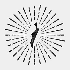 Vintage map of Fraser Island. Grunge sunburst around the island. Black Fraser Island shape with sun rays on white background. Vector illustration.