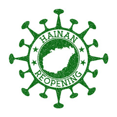 Hainan reopening stamp. Green round badge of island with map of Hainan. Island opening after lockdown. Vector illustration.