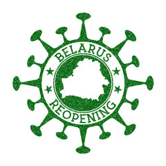 Belarus reopening stamp. Green round badge of country with map of Belarus. Country opening after lockdown. Vector illustration.