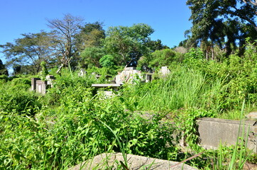 Tombstones On Grassy Field In Cemetery Against Sky