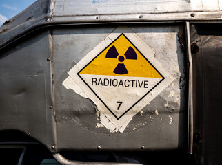 Radiation warning sign on the Dangerous goods transport label Class 7 at the transport truck