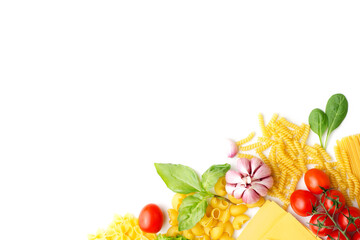 pasta, cherry tomatoes, spaghetti and garlic on a white background