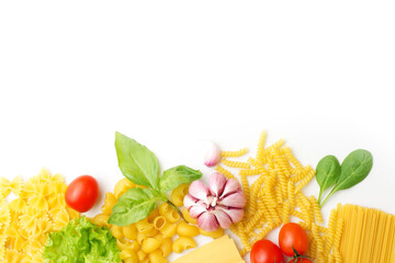 pasta, cherry tomatoes, spaghetti and garlic on a white background