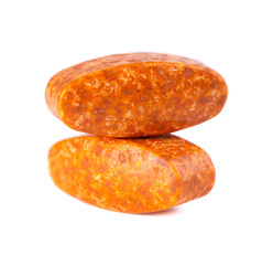 Two pills isolated on white background. Dietary nutritional supplements. Vitamin supplements.