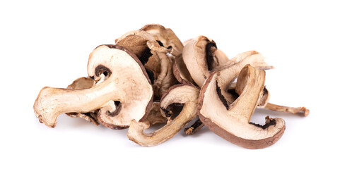 Dried sliced mushrooms isolated on white background. Dry champignons.