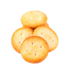 Cracker isolated on white background. Dry cracker cookies isolated. Salty snacks isolated. Top view.