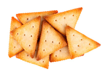 Cracker isolated on white background. Dry cracker cookies isolated. Salty snacks isolated. Top view.