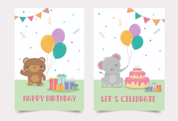 Birthday card set, Bear standing next to a gift box, Elephant standing next to a cake with balloons.template card birthday,vector illustrator.