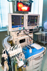 Two screens in operating room. Medical devices. Interior hospital design concept. Interior of...