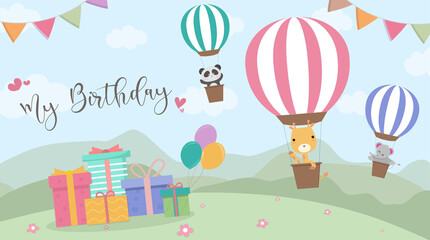 Happy Birthday cartoon card with air balloons,Vector Illustration,Birthday greeting cards with cute animals,Funny animals on hot air balloon