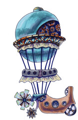 Watercolor drawing of a fantastic airship. Illustration of A flying machine in the steampunk style. Hand-drawn. Isolated on a white background. Air transport of the 19th century © Nadine.de.trevile