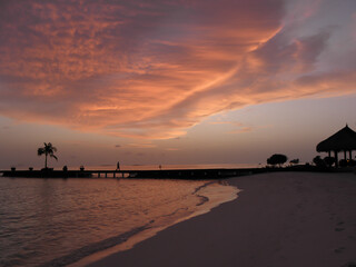Bright orange sunset in the Maldives Indian Ocean